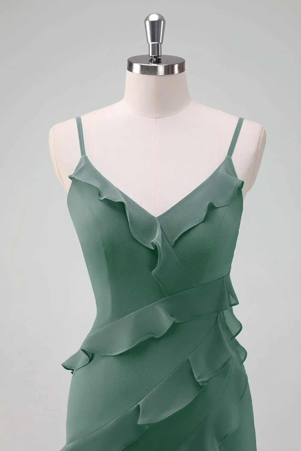 Eucalyptus Sheath Spaghetti Straps Long Ruffle Bridesmaid Dress with Slit sold by Wedtrend product image thumbnail 4