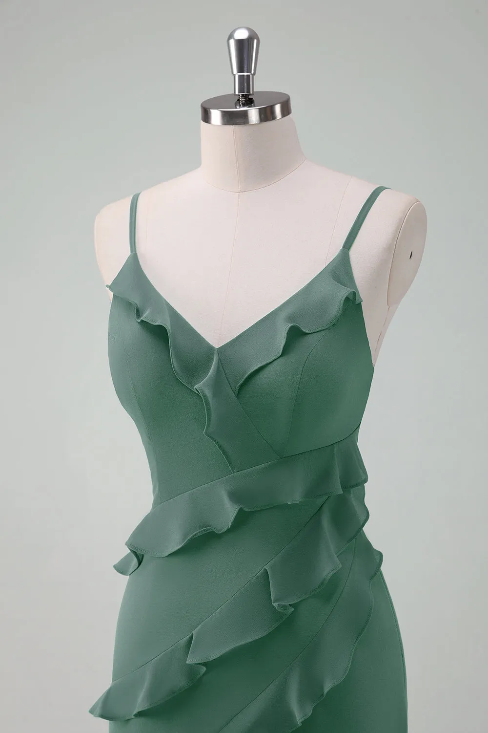 Eucalyptus Sheath Spaghetti Straps Long Ruffle Bridesmaid Dress with Slit sold by Wedtrend product image thumbnail 5