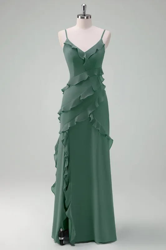 Eucalyptus Sheath Spaghetti Straps Long Ruffle Bridesmaid Dress with Slit made by Wedtrend