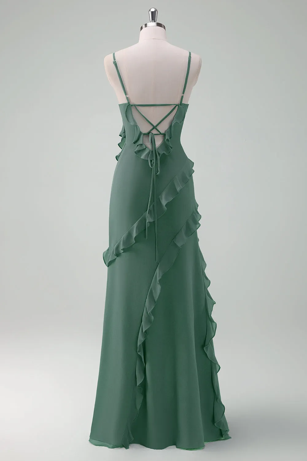 Eucalyptus Sheath Spaghetti Straps Long Ruffle Bridesmaid Dress with Slit sold by Wedtrend product image thumbnail 2