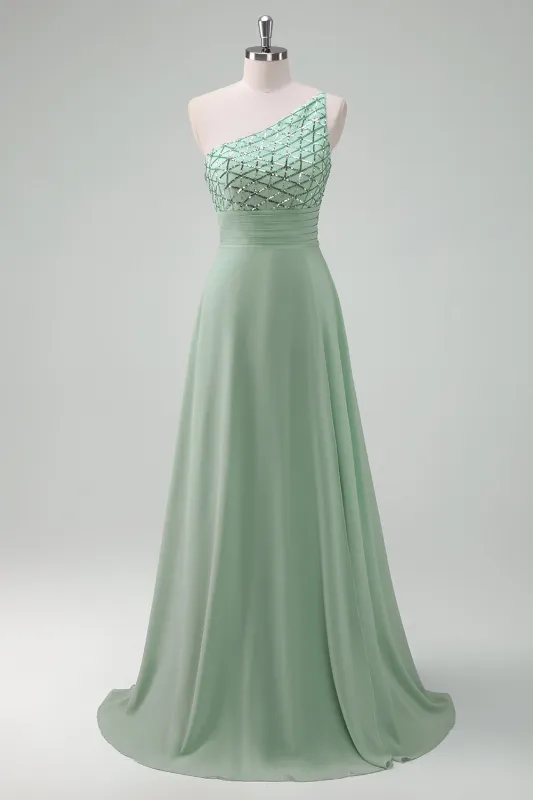 Sparkly Green A Line One Shoulder Floor Length Bridesmaid Dress made by Wedtrend