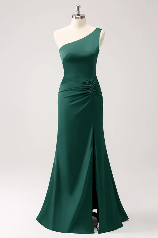 Elegant Mermaid One Shoulder Pleated Backless Bridesmaid Dress with Slit made by Wedtrend