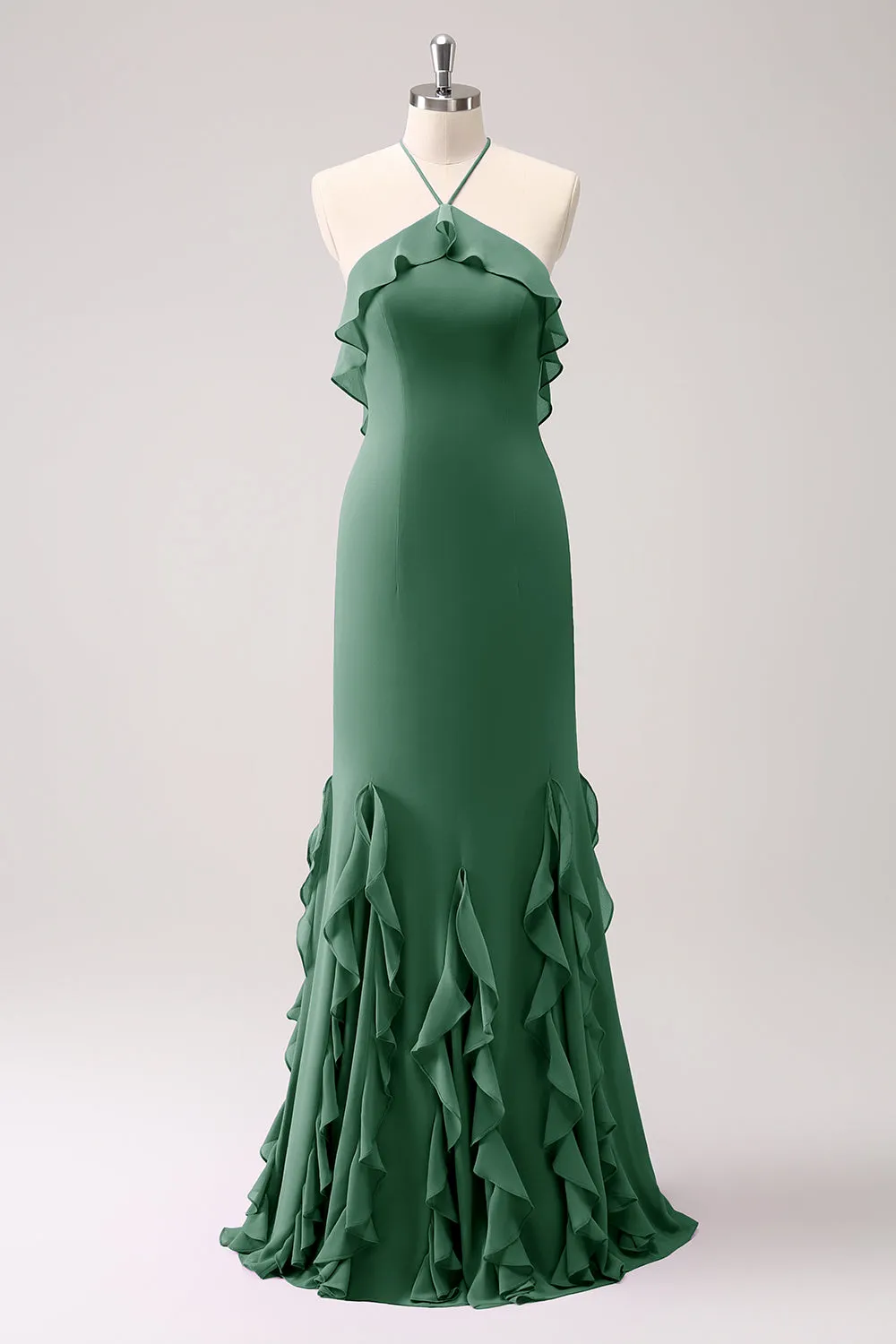 Sheath Halter Backless Floor Length Bridesmaid Dress with Ruffles sold by Wedtrend