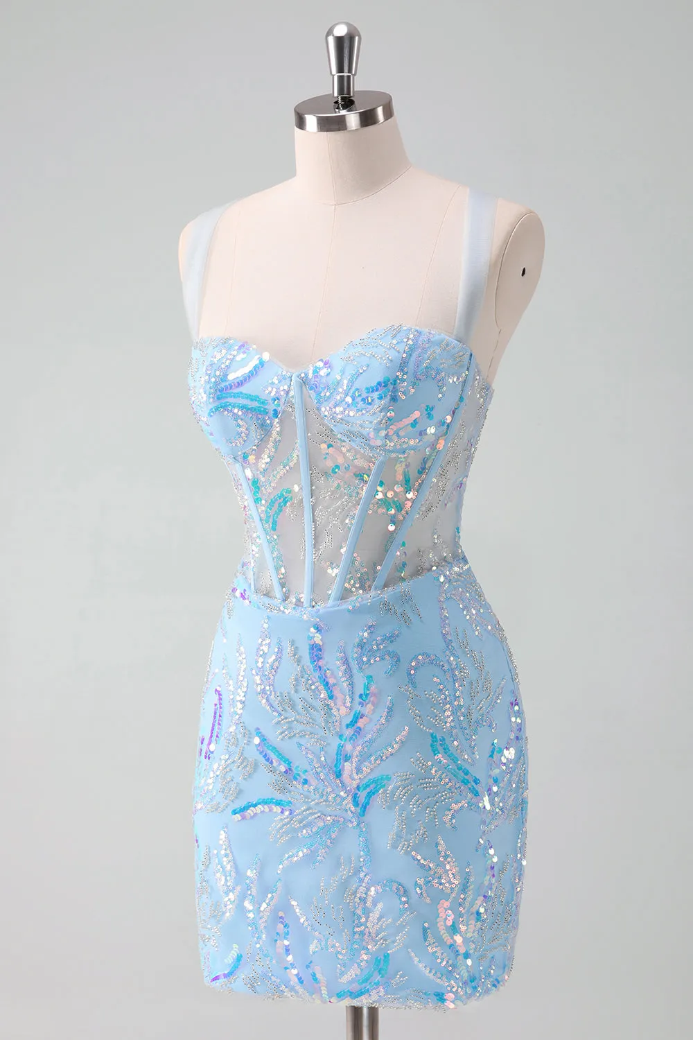 Sparkly Light Blue Spaghetti Straps Lace Up Back Corset Tight Homecoming Dress with Sequins sold by Wedtrend product image thumbnail 3