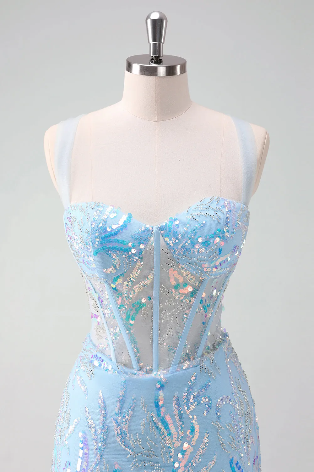 Sparkly Light Blue Spaghetti Straps Lace Up Back Corset Tight Homecoming Dress with Sequins sold by Wedtrend product image thumbnail 4