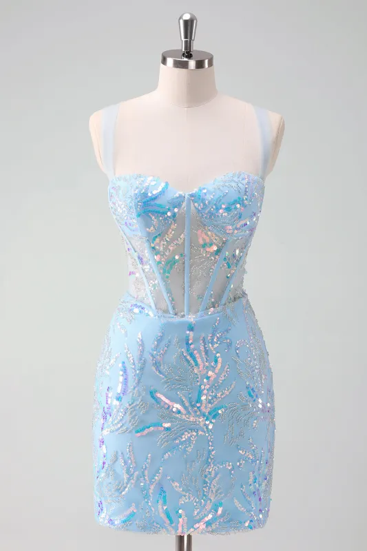 Sparkly Light Blue Spaghetti Straps Lace Up Back Corset Tight Homecoming Dress with Sequins made by Wedtrend