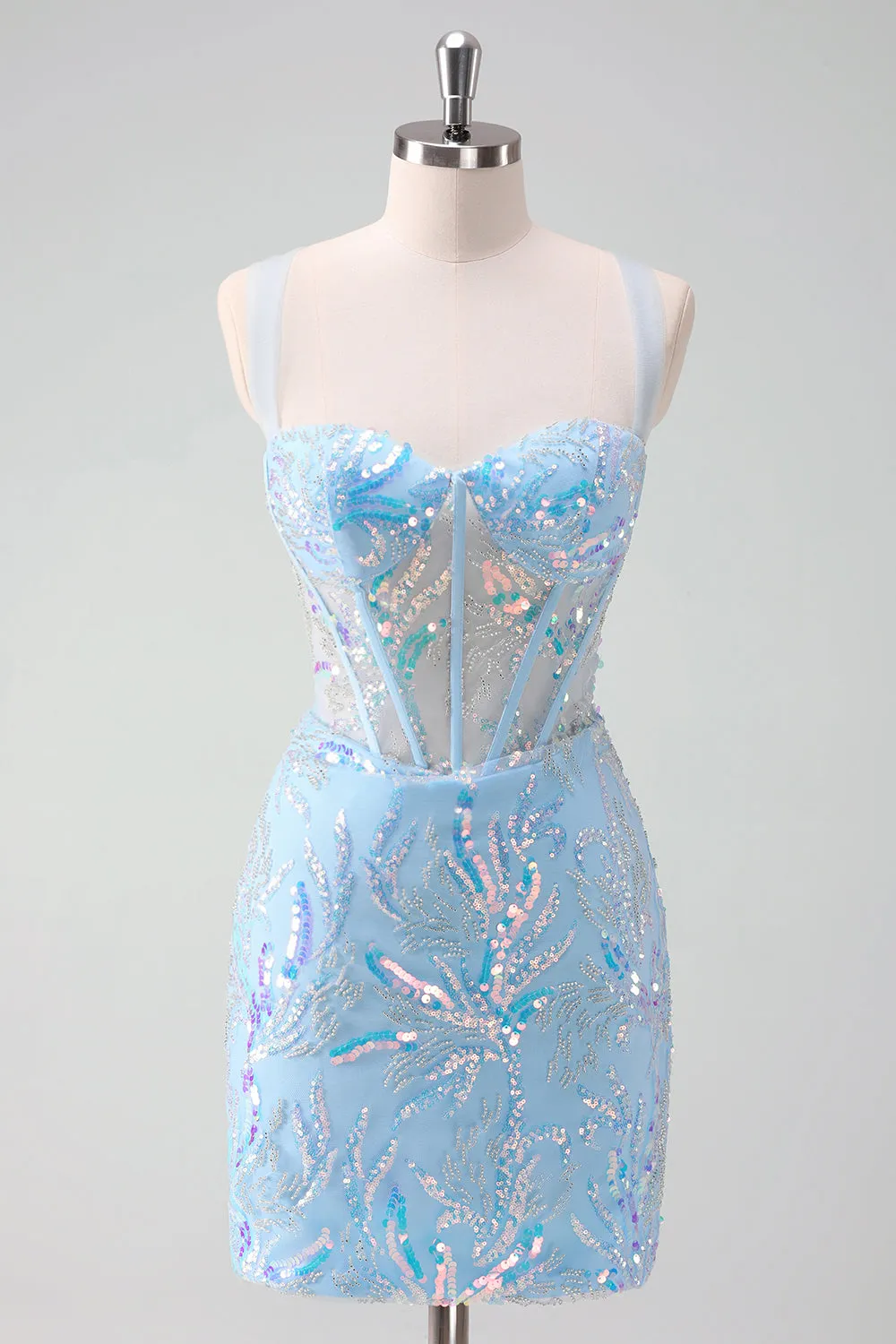 Sparkly Light Blue Spaghetti Straps Lace Up Back Corset Tight Homecoming Dress with Sequins sold by Wedtrend
