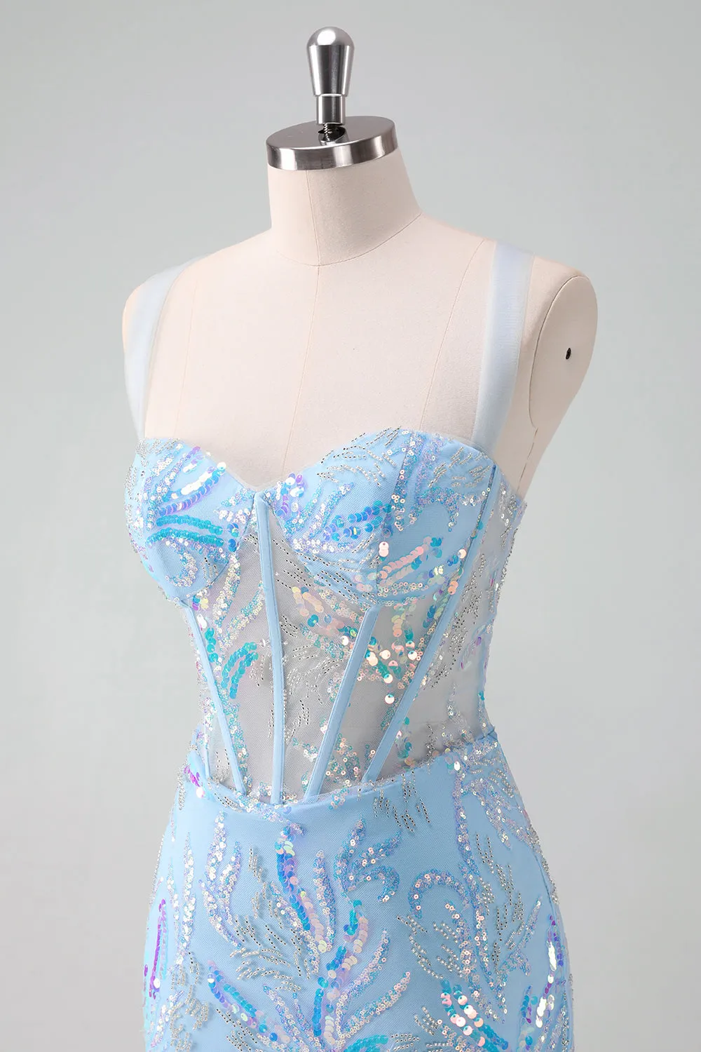 Sparkly Light Blue Spaghetti Straps Lace Up Back Corset Tight Homecoming Dress with Sequins sold by Wedtrend product image thumbnail 5
