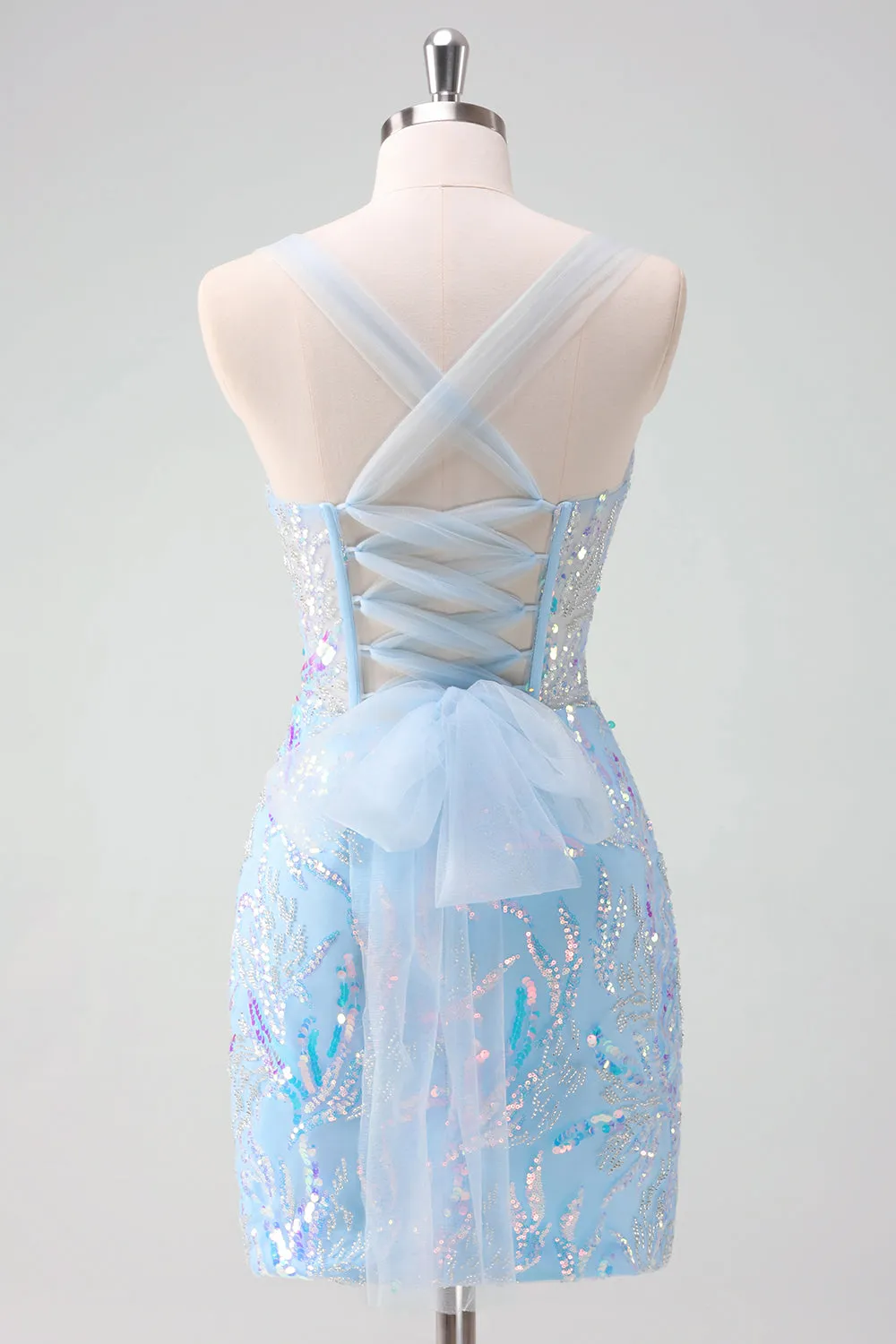 Sparkly Light Blue Spaghetti Straps Lace Up Back Corset Tight Homecoming Dress with Sequins sold by Wedtrend product image thumbnail 2
