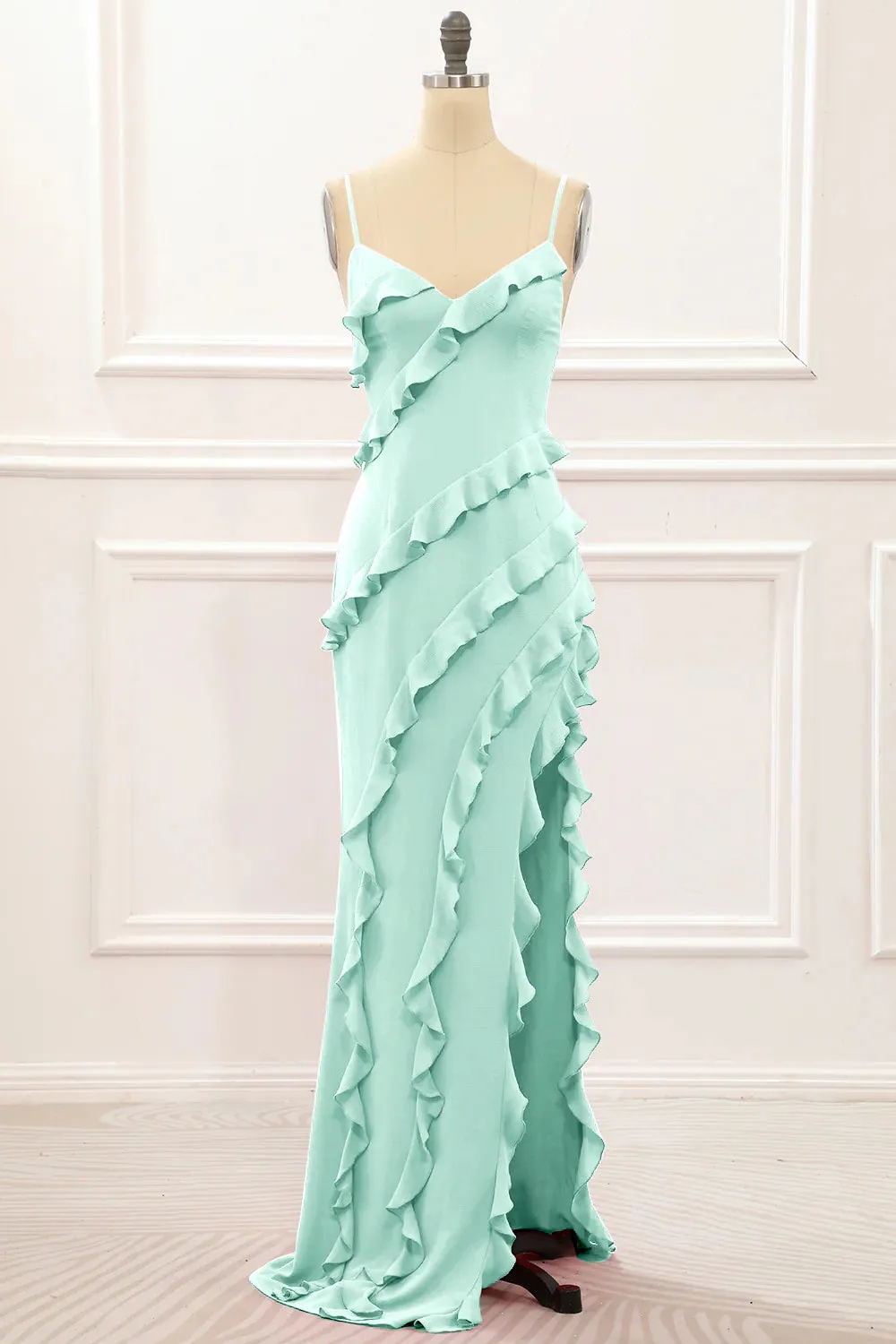 Spaghetti Straps Jade Tiered Mermaid Bridesmaid Dress With Slit sold by Wedtrend product image thumbnail 3