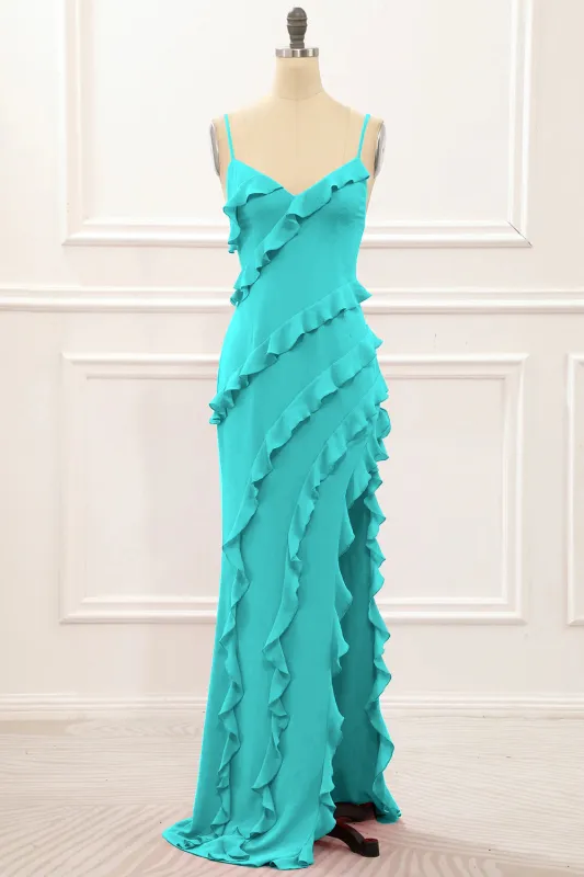 Spaghetti Straps Jade Tiered Mermaid Bridesmaid Dress With Slit sold by Wedtrend