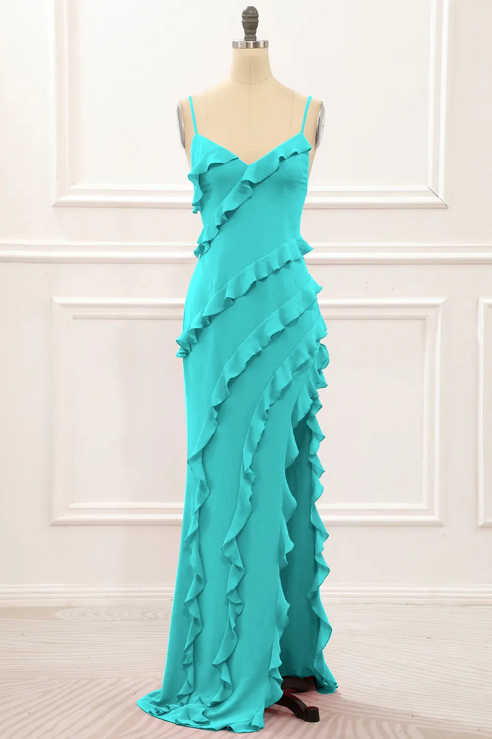 Spaghetti Straps Jade Tiered Mermaid Bridesmaid Dress With Slit sold by Wedtrend