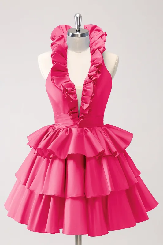 Cute Fuschia A Line Halter Tiered Backless Homecoming Dress with Ruffles made by Wedtrend