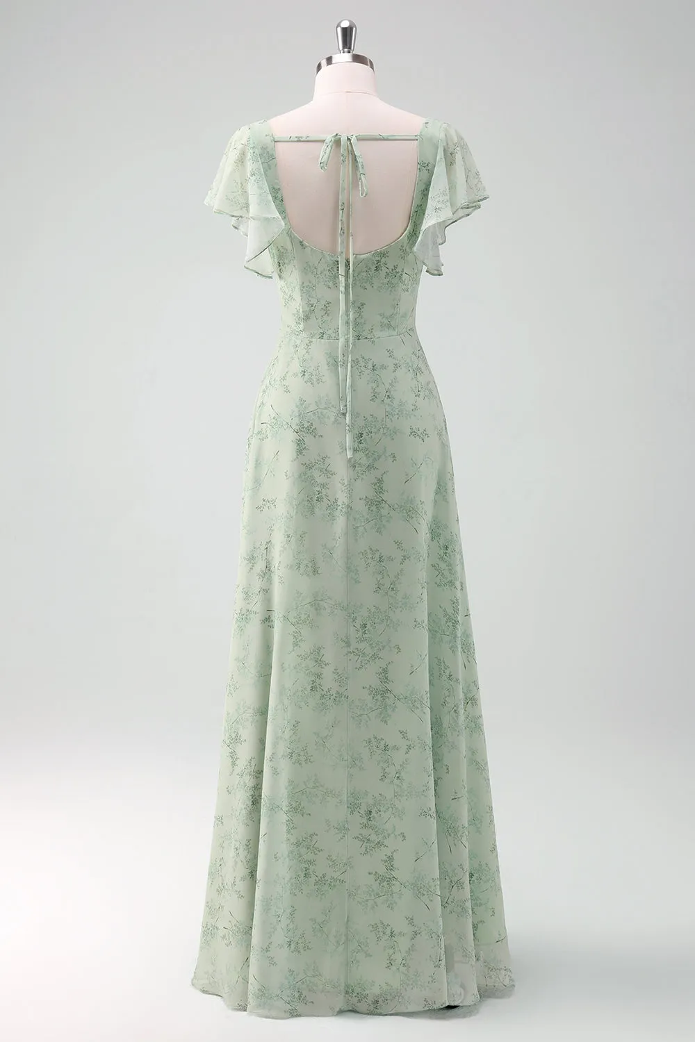 Dusty Sage A-Line Square Neck Floor Length Print Bridesmaid Dress with Slit sold by Wedtrend product image thumbnail 2