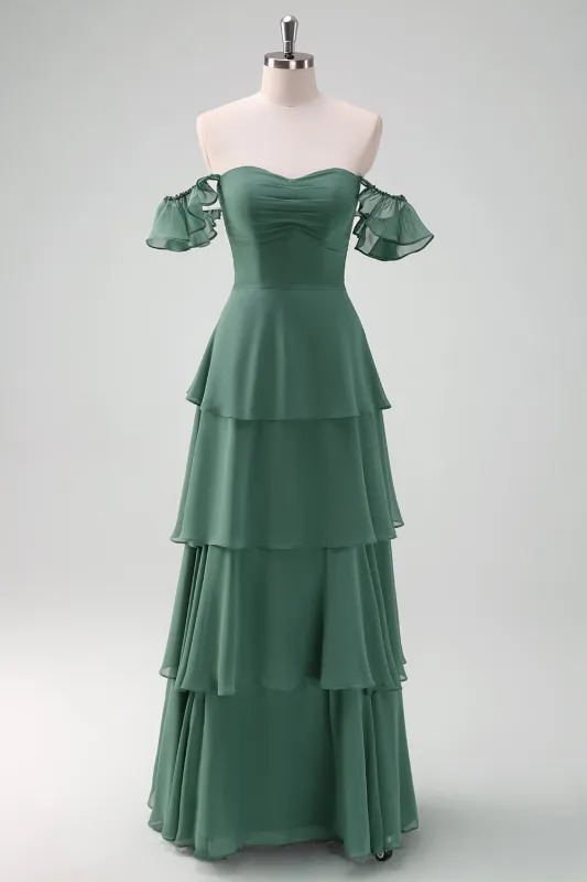 Eucalyptus A Line Off The Shoulder Tiered Long Bridesmaid Dress with Ruffles sold by Wedtrend