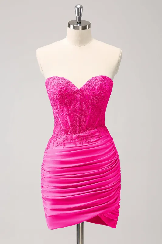 Glitter Fuchsia Tight Sweetheart Corset Short Pleated Homecoming Dress with Beading made by Wedtrend