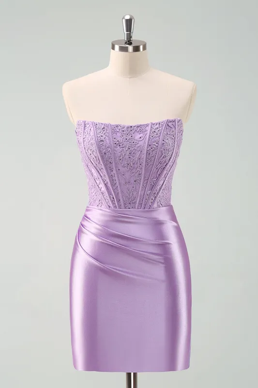 Stylish Purple Bodycon Pleated Beaded Corset Short Homecoming Dress sold by Wedtrend