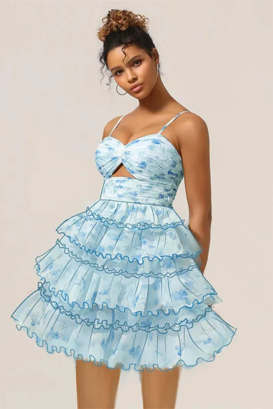 Blue Flower A-Line Tiered Pleated Cut Out Short Homecoming Dress sold by Wedtrend