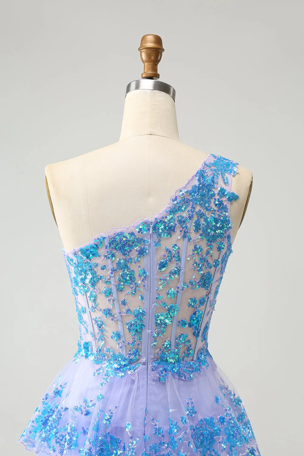 Glitter Light Blue A Line One Shoulder Corset Tiered Short Homecoming Dress sold by Wedtrend product image thumbnail 5
