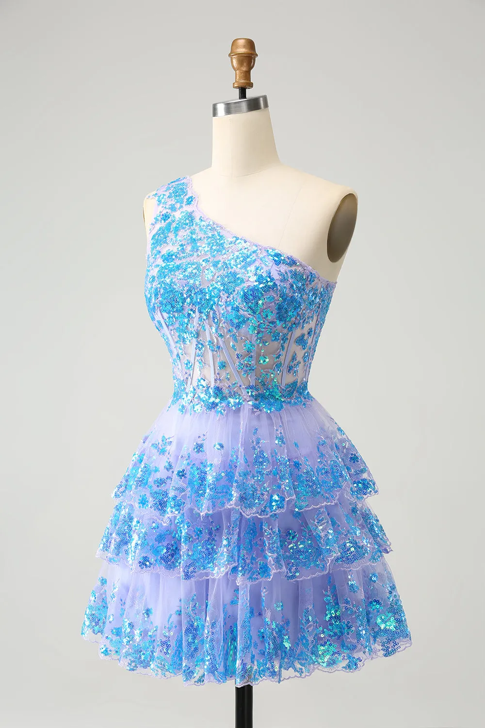 Glitter Light Blue A Line One Shoulder Corset Tiered Short Homecoming Dress sold by Wedtrend product image thumbnail 3