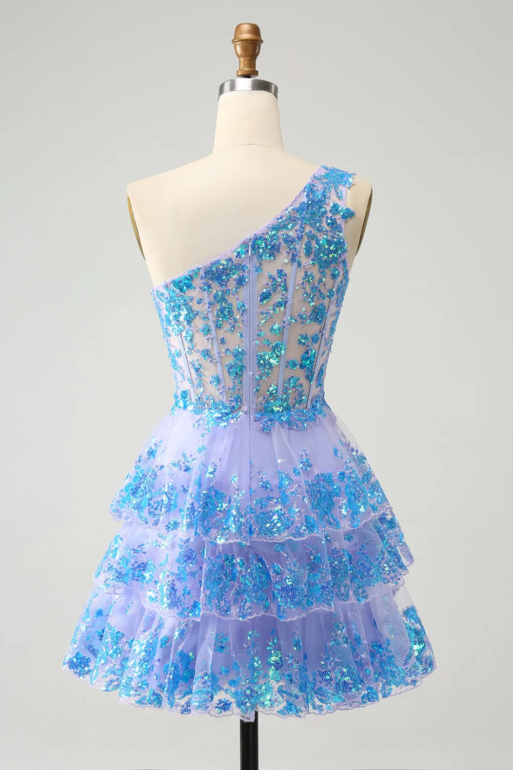 Glitter Light Blue A Line One Shoulder Corset Tiered Short Homecoming Dress sold by Wedtrend product image thumbnail 2