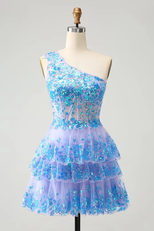 Glitter Light Blue A Line One Shoulder Corset Tiered Short Homecoming Dress made by Wedtrend