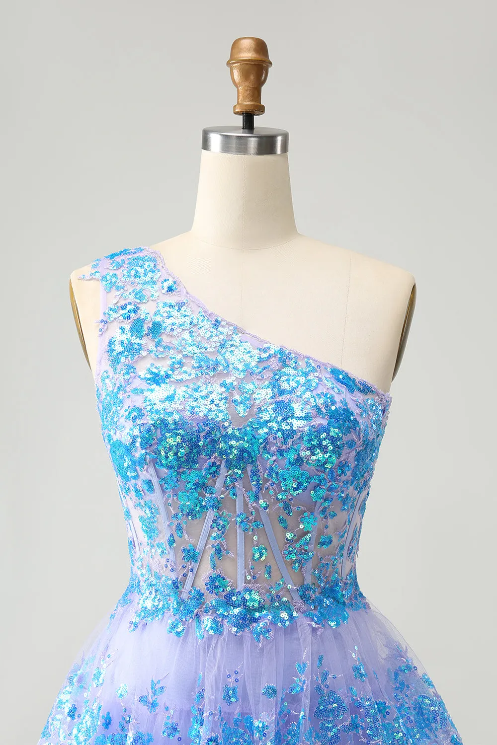 Glitter Light Blue A Line One Shoulder Corset Tiered Short Homecoming Dress sold by Wedtrend product image thumbnail 4