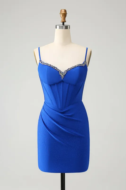 Royal Blue Glitter Corset Spaghetti straps Tight Homecoming Dress with Beading sold by Wedtrend
