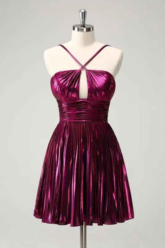 Purple A Line Pleated Hollow Out Short Metallic Homecoming Dress sold by Wedtrend
