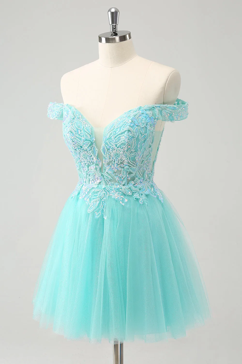 Light Green A Line Sequins Pleated Corset Off The Shoulder Short Homecoming Dress sold by Wedtrend product image thumbnail 3