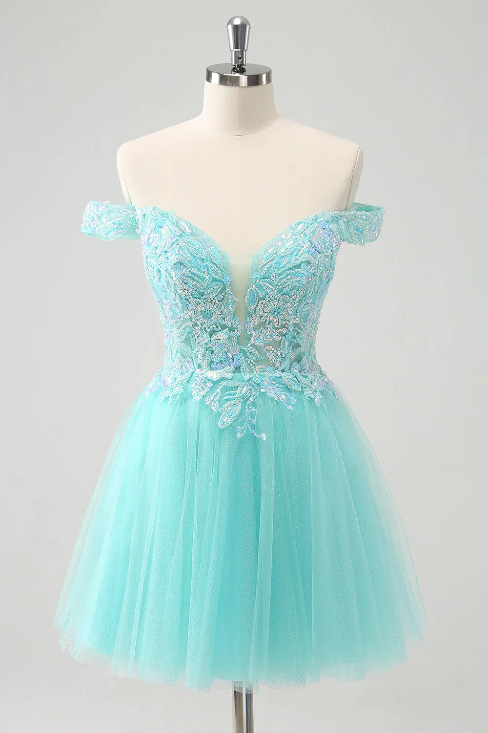 Light Green A Line Sequins Pleated Corset Off The Shoulder Short Homecoming Dress sold by Wedtrend