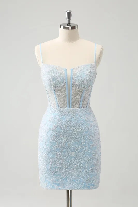 Light Blue Corset Spaghetti Straps Short Tight Homecoming Dresses with Lace Up Back sold by Wedtrend