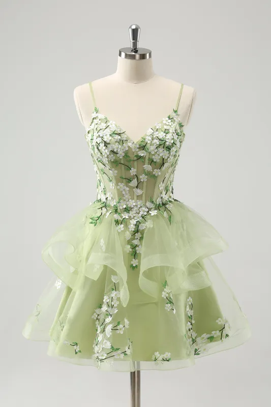 Floral Light Green A Line Corset Short Homecoming Dress with Appliques sold by Wedtrend