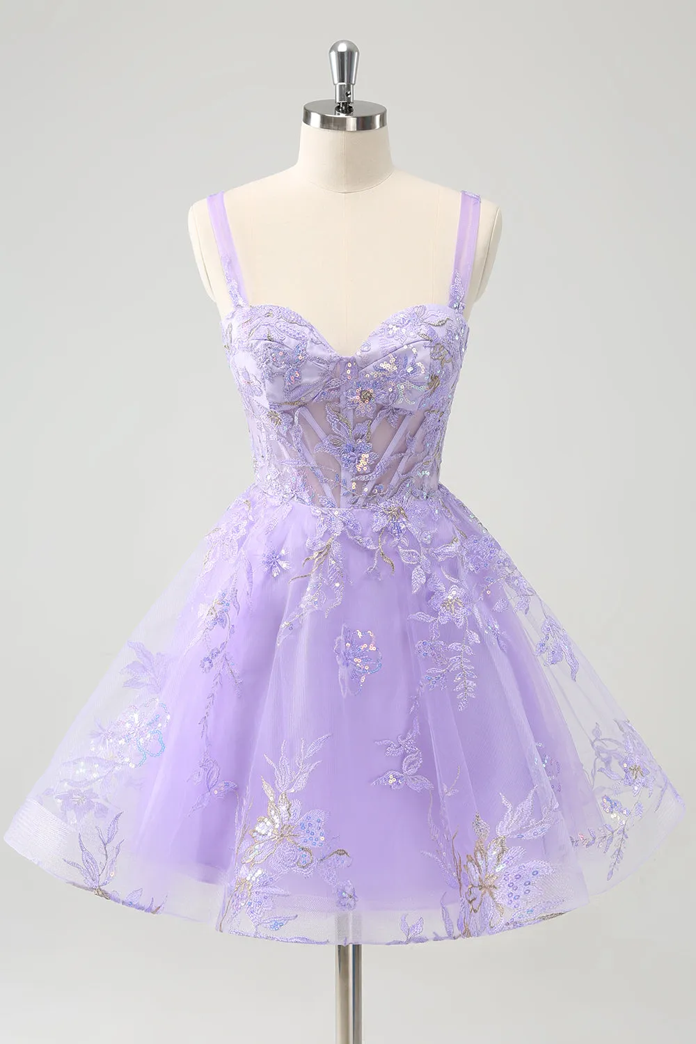 Sparkly Lilac A Line Spaghetti Straps Sequins Corset Short Appliqued Homecoming Dress sold by Wedtrend