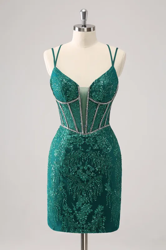 Glitter Dark Green Corset Spaghetti Straps Short Tight Homecoming Dresses sold by Wedtrend