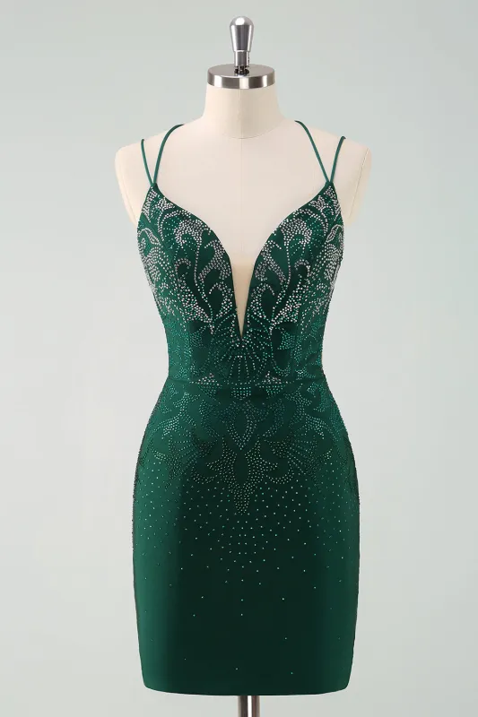 Glitter Dark Green Tight Homecoming Dresses with Lace Up Back sold by Wedtrend