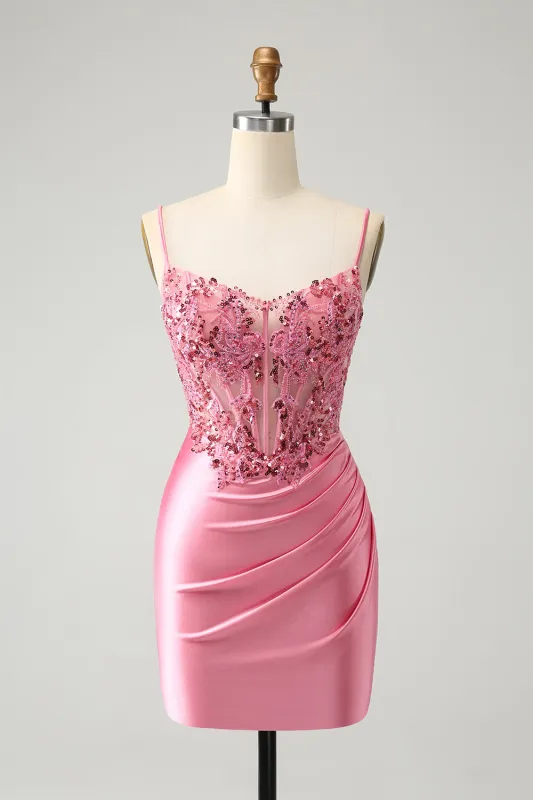 Sparkly Pink Glitter Spaghetti Straps Sequins Pleated Corset Homecoming Dress sold by Wedtrend