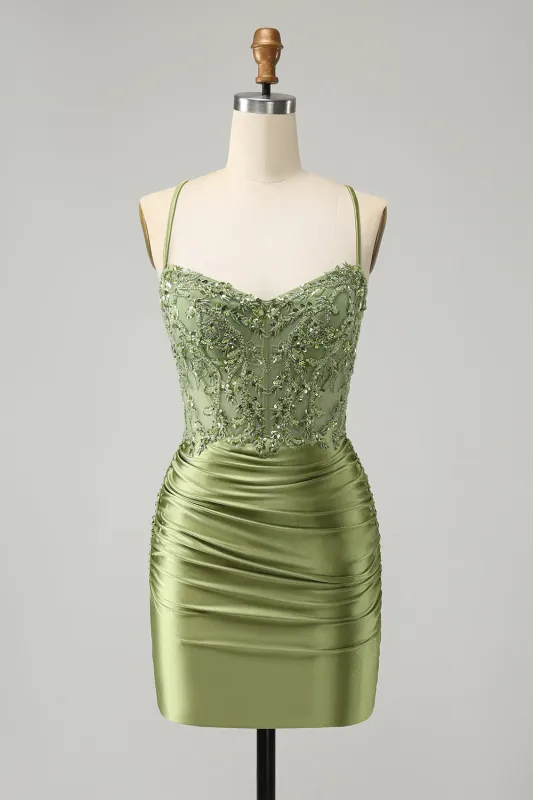Sparkly Light Green Spaghetti Straps Sequins Corset Homecoming Dress made by Wedtrend