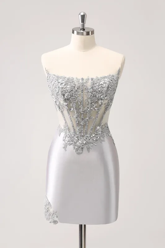 Glitter Silver Corset Strapless Homecoming Dress sold by Wedtrend