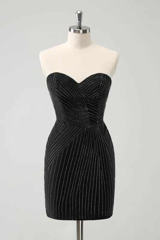 Sparkly Black Tight Strapless Short Homecoming Dress with Beading sold by Wedtrend