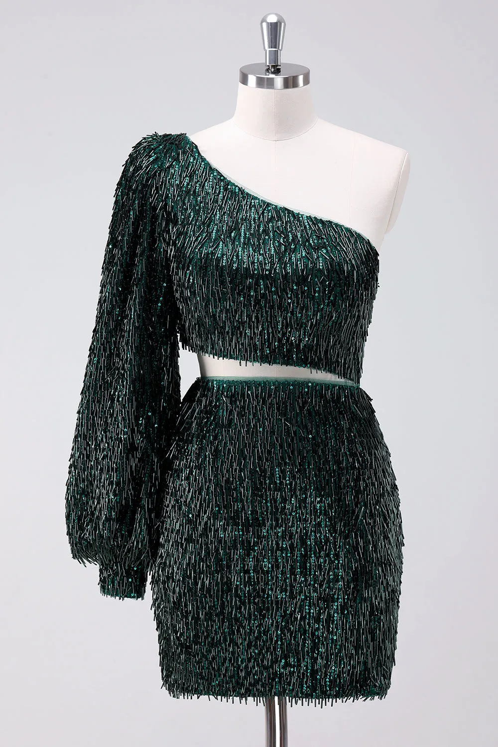 Sparkly Fringed Dark Green One Shoulder Short Homecoming Dress sold by Wedtrend
