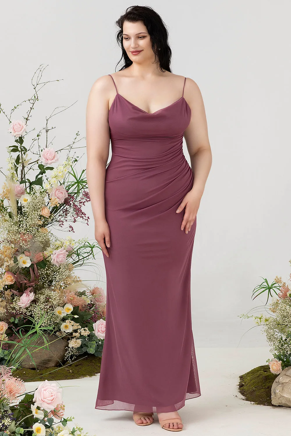 Desert Rose Sheath Spaghetti Straps Draped Chiffon Plus Size Bridesmaid Dress sold by Wedtrend