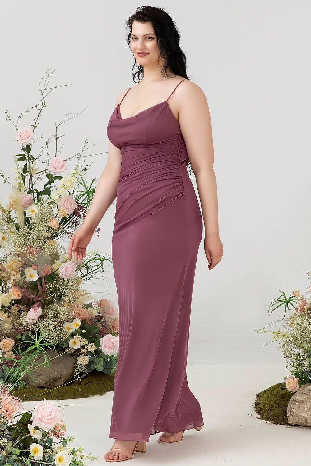 Desert Rose Sheath Spaghetti Straps Draped Chiffon Plus Size Bridesmaid Dress sold by Wedtrend product image thumbnail 4