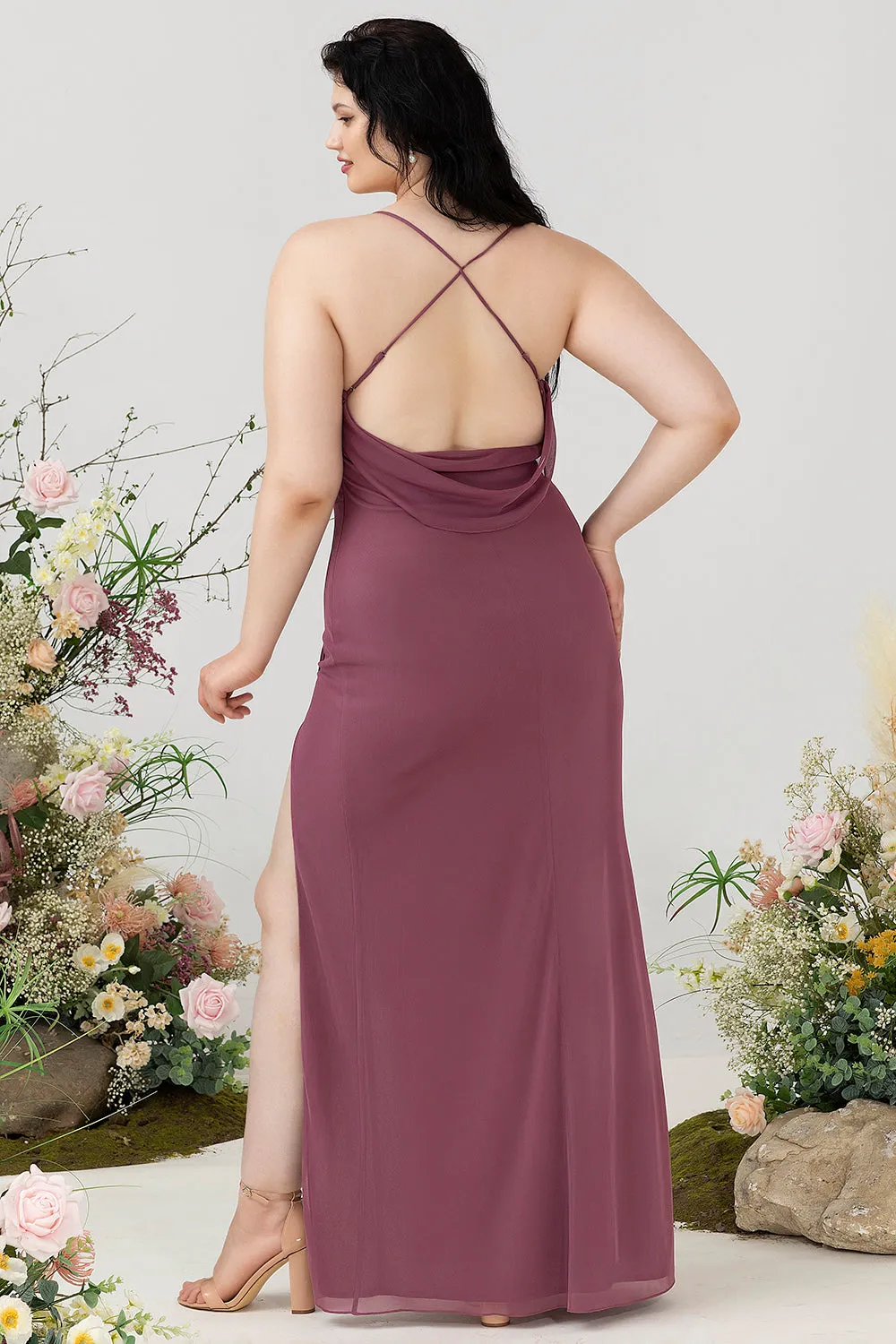 Desert Rose Spaghetti Straps Draped Chiffon Plus Size Bridesmaid Dress with Slit sold by Wedtrend product image thumbnail 2