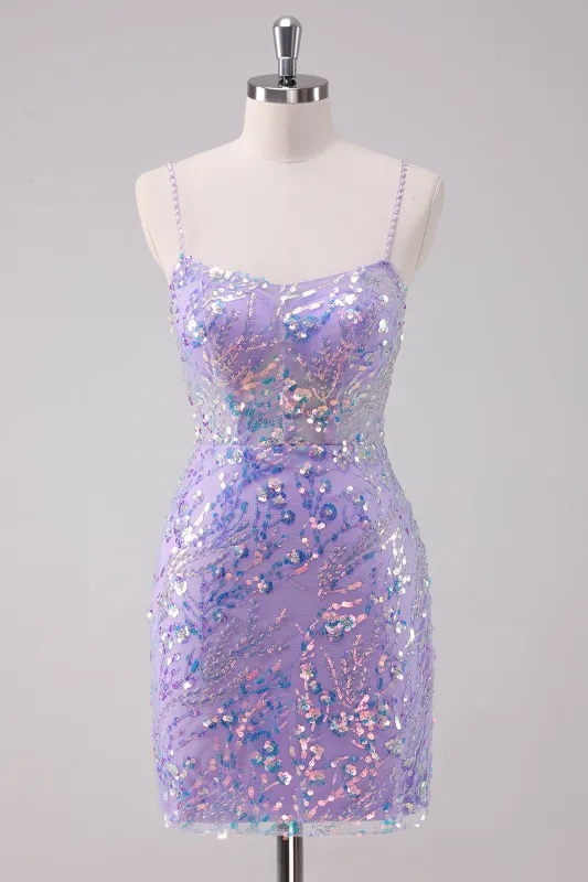 Sparkly Purple Bodycon Spaghetti Straps Short Homecoming Dress with Sequins sold by Wedtrend