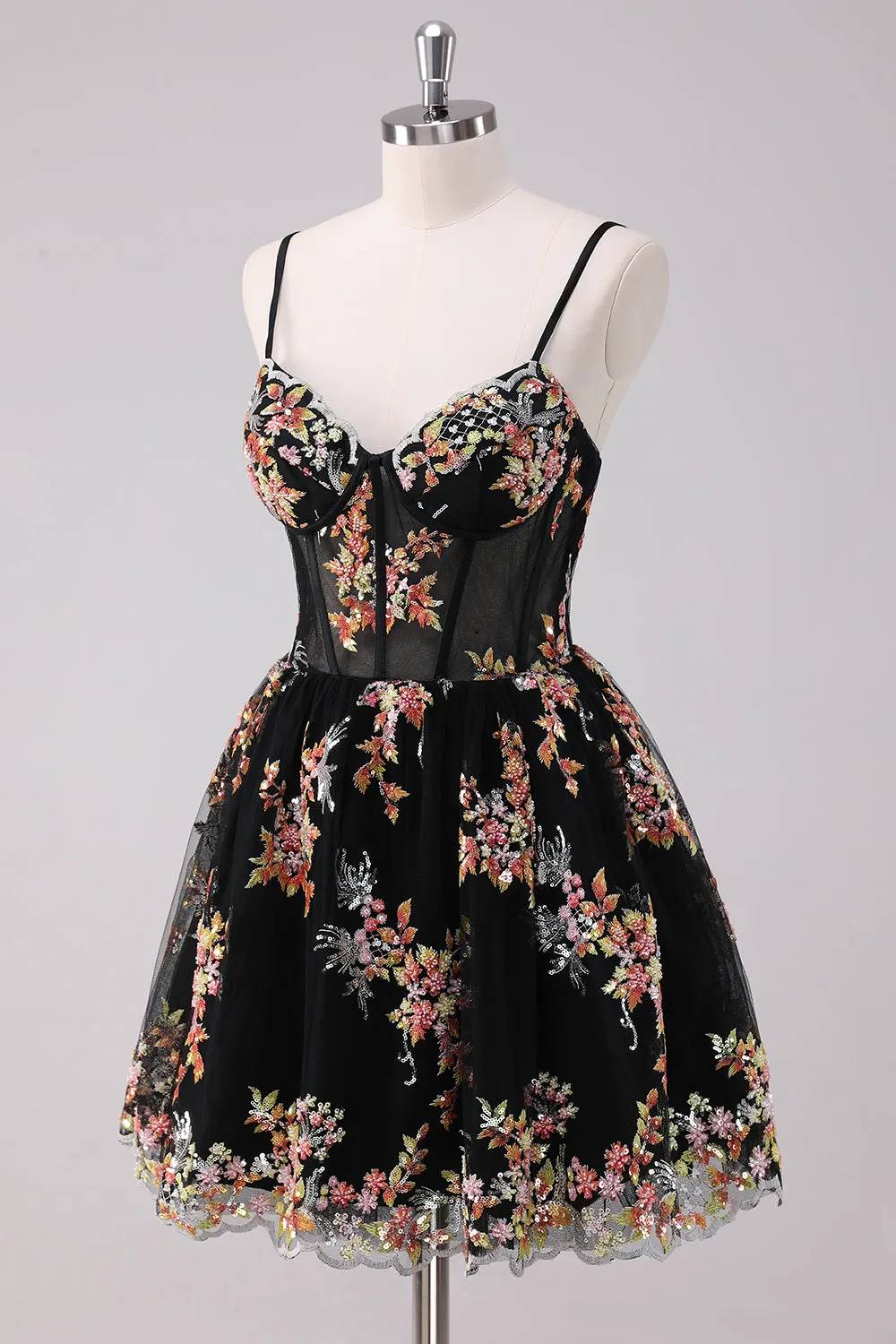 Sparkly Black A Line Spaghetti Straps Corset Short Floral Homecoming Dress sold by Wedtrend product image thumbnail 3