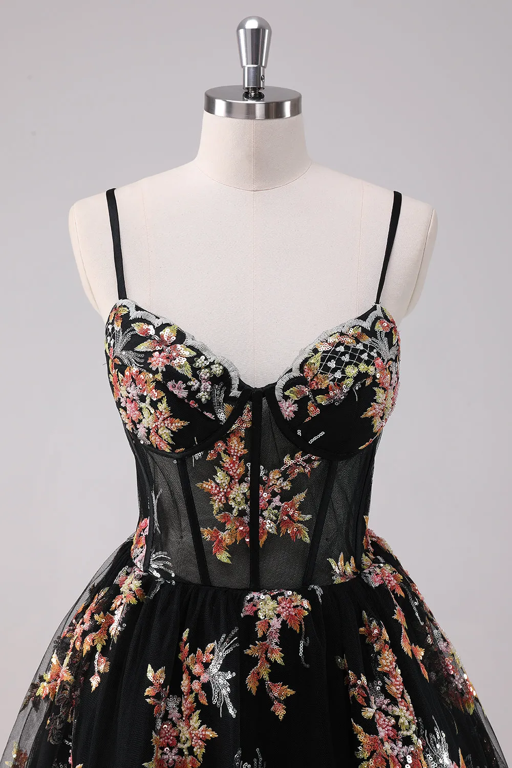 Sparkly Black A Line Spaghetti Straps Corset Short Floral Homecoming Dress sold by Wedtrend product image thumbnail 4