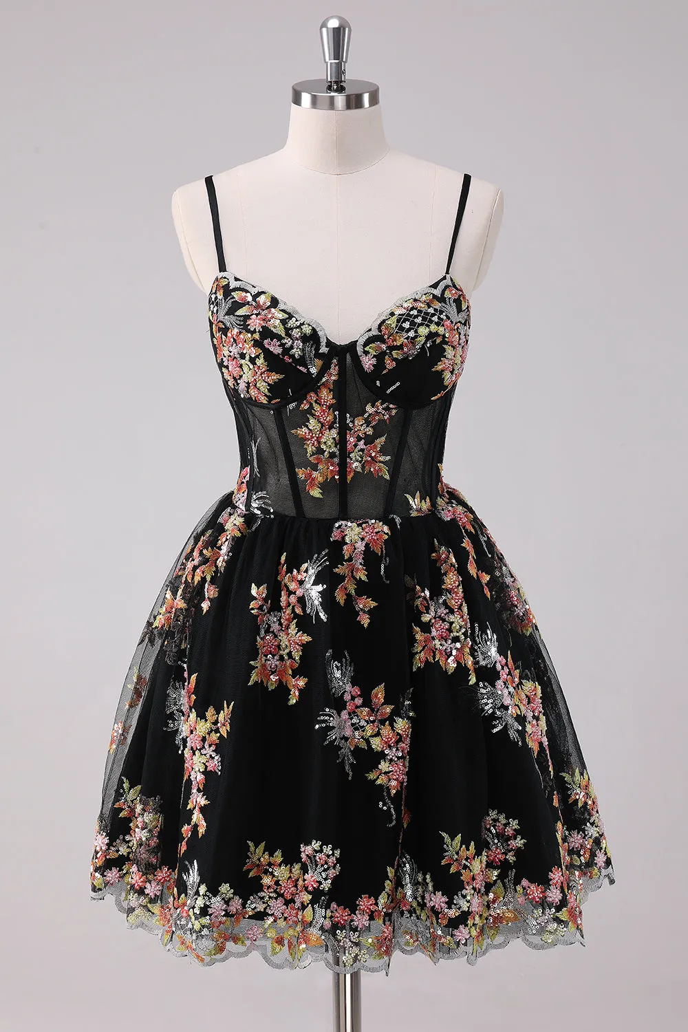 Sparkly Black A Line Spaghetti Straps Corset Short Floral Homecoming Dress sold by Wedtrend