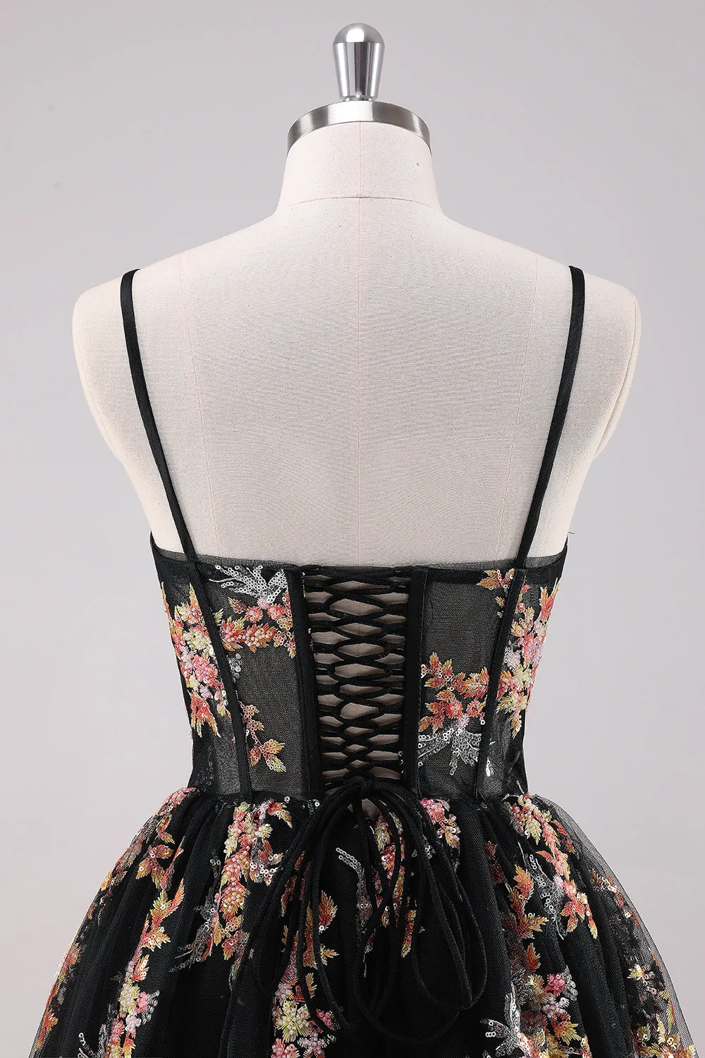 Sparkly Black A Line Spaghetti Straps Corset Short Floral Homecoming Dress sold by Wedtrend product image thumbnail 5