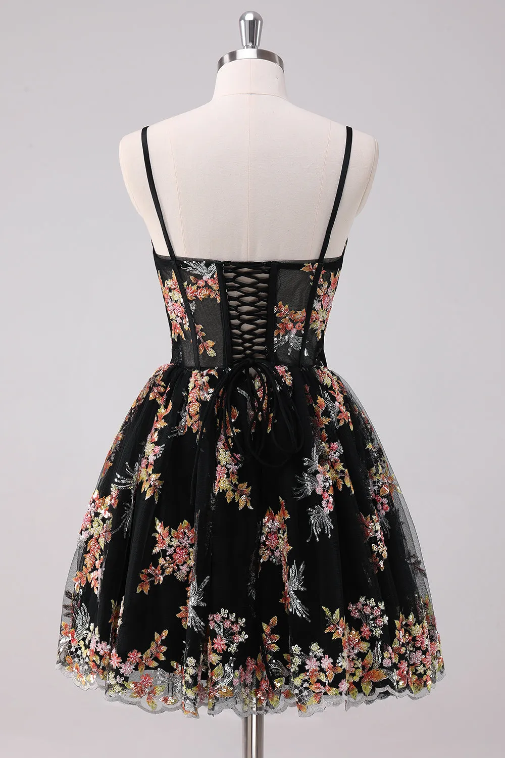 Sparkly Black A Line Spaghetti Straps Corset Short Floral Homecoming Dress sold by Wedtrend product image thumbnail 2